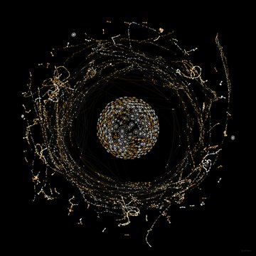 Orbits of Care network artwork with concentric white and gold nodes on black