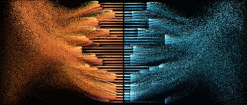 The Long Becoming artwork with mirrored orange and blue fields of particles and horizontal measures on black